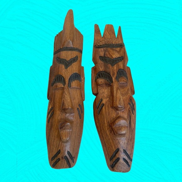 Pair Of Small African Wood Carved Masks With Human Faces 9” Vintage - Picture 11 of 13
